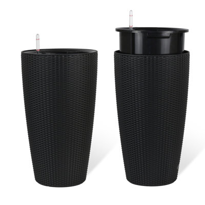 Set Of 2 Faux Rattan Tall Planters Outdoor Indoor Large Planters With Water Level Monitor Inner Bucket, Automatic Watering, Flower Plant Pots For Garden, Patio, Porch, Backyard (22 Inch )