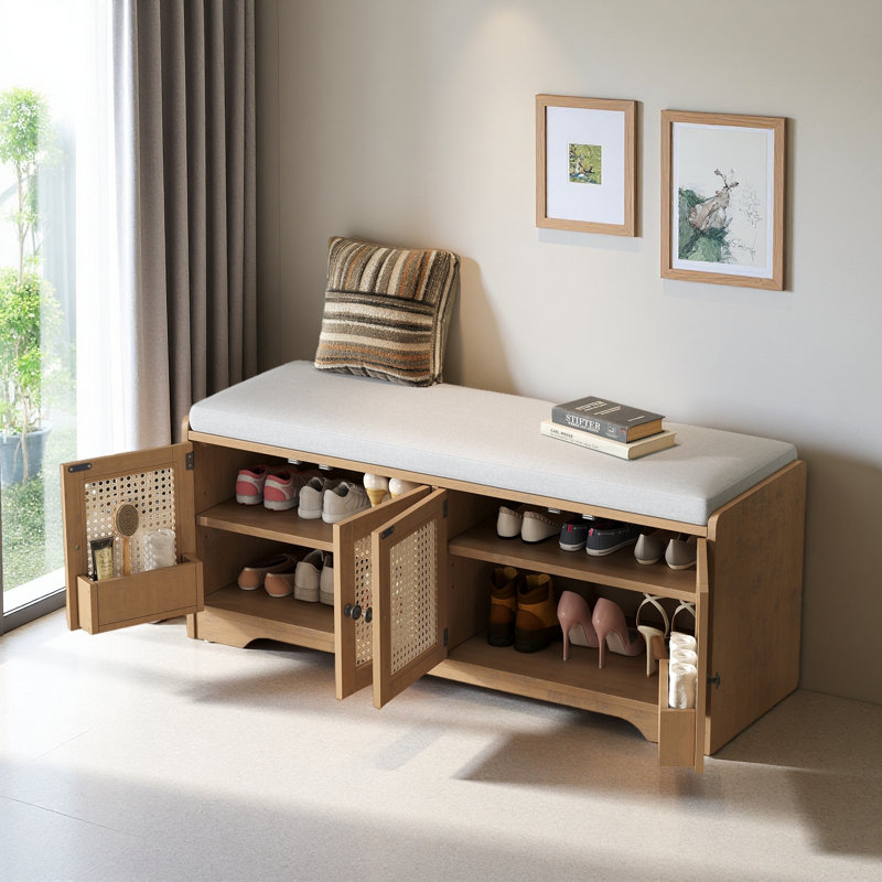 Rustic Storage Bench Multifunctional Wood Entryway Shoe Bench With Removable Cushion, Woven Rattan Doors, Brown