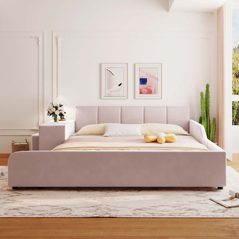 Ivyn Upholstered Platform Storage Bed,Bed Frame, Grounded Bed, Mother & Child Bed with Bedside Desk and Little Round Stool