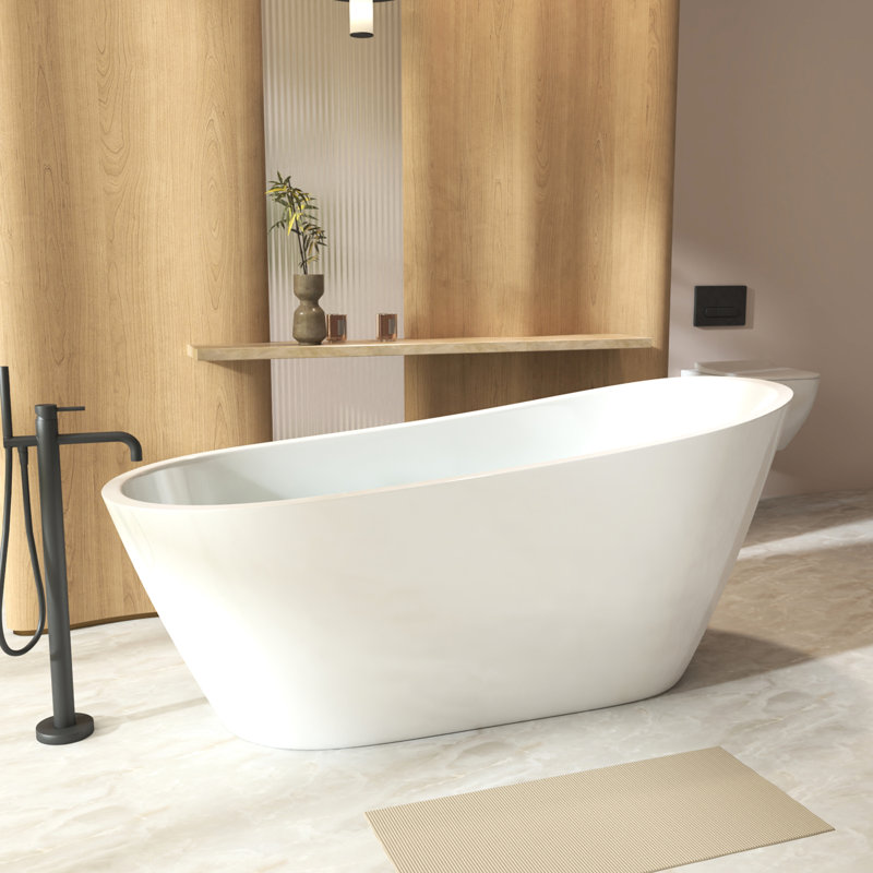 Baignoire autoportante de 59 pouces en blanc brillant, trop-plein, idéale pour la salle de bain avec bonde escamotable et salle de bain de style contemporain