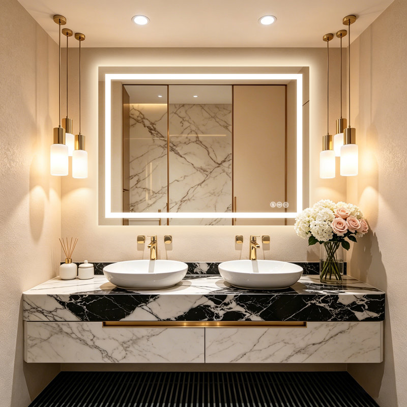 Super Bright LED Bathroom Mirror with Front&Back Lighting,Anti-Fog, Tempered Glass, 3-Colors, Dimmable Brightness, with ETL/UL