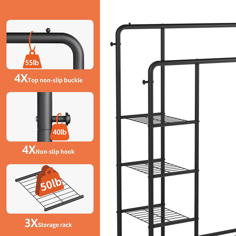 Black Heavy Duty Metal Garment Rack with Shelves and Hooks