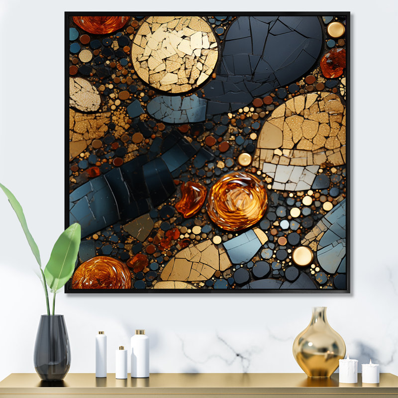 Carreaux de mosaïque dorés et noirs III - grand art mural abstrait, Cadre flottant noir, H 36 po x l 36 po x P 1,5 po