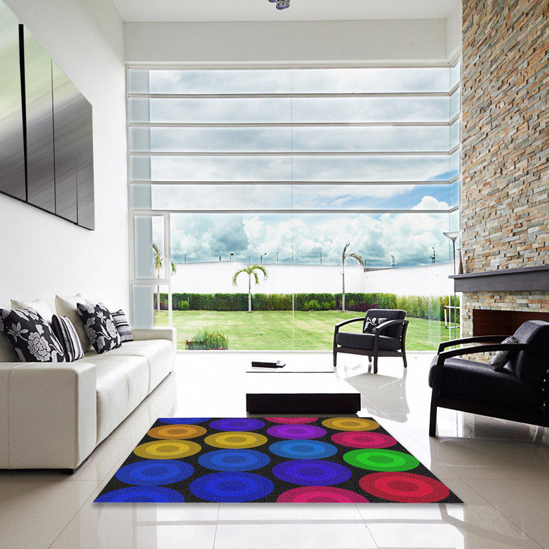 Tapis noir / bleu à motif géométrique tissé à la machine, Carré 7 pi