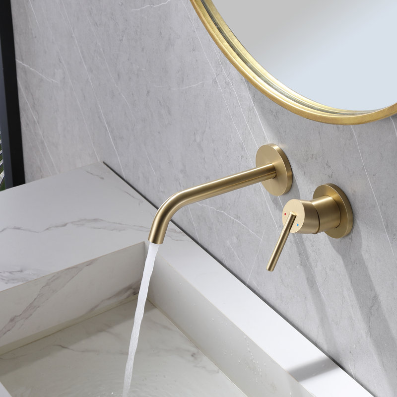 Solid Brass Wall Mounted Bathroom Sink Faucet With Optional Drain Assembly, Brushed Gold, With Drain