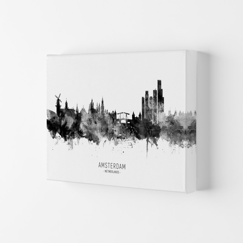 Amsterdam Netherlands Skyline Black White City Name by Michael Tompsett - Print, 21cm H x 29.7cm W x 4cm D, Wrapped Canvas