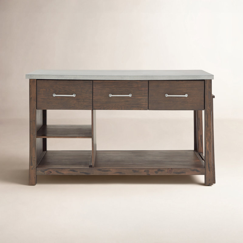 Tinka 3-Drawer Rectangle Pine Kitchen Island, Concrete Veneer, Brown