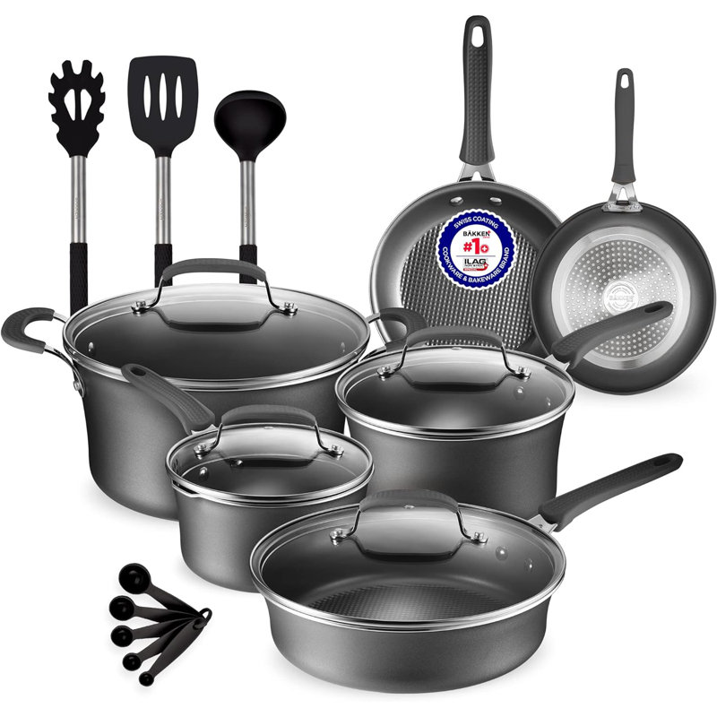 Ensemble de batterie de cuisine 14 pièces en acier au carbone, Noir