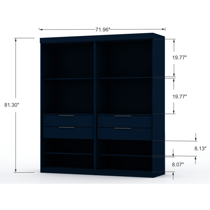 Mulberry Contemporary Modern Open Wardrobe Closet with Drawers and Adjustable Shelves in Midnight Blue, Tatiana Midnight Blue