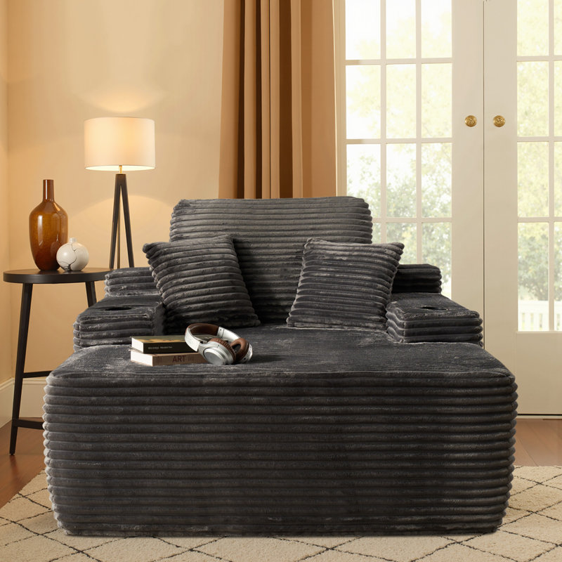 Chaise longue rembourrée surdimensionnée de 48,42 po de largeur avec accoudoirs, coussins et porte-gobelet - aucun assemblage requis