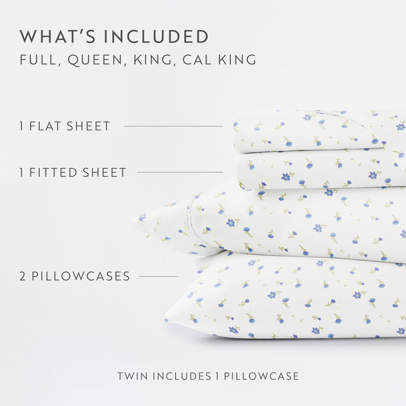 Soft Floral Pattern 4 Piece Microfiber Sheet Set, Twin Sheet Set + 1 Fitted Sheet + 1 Pillowcase, Light Blue