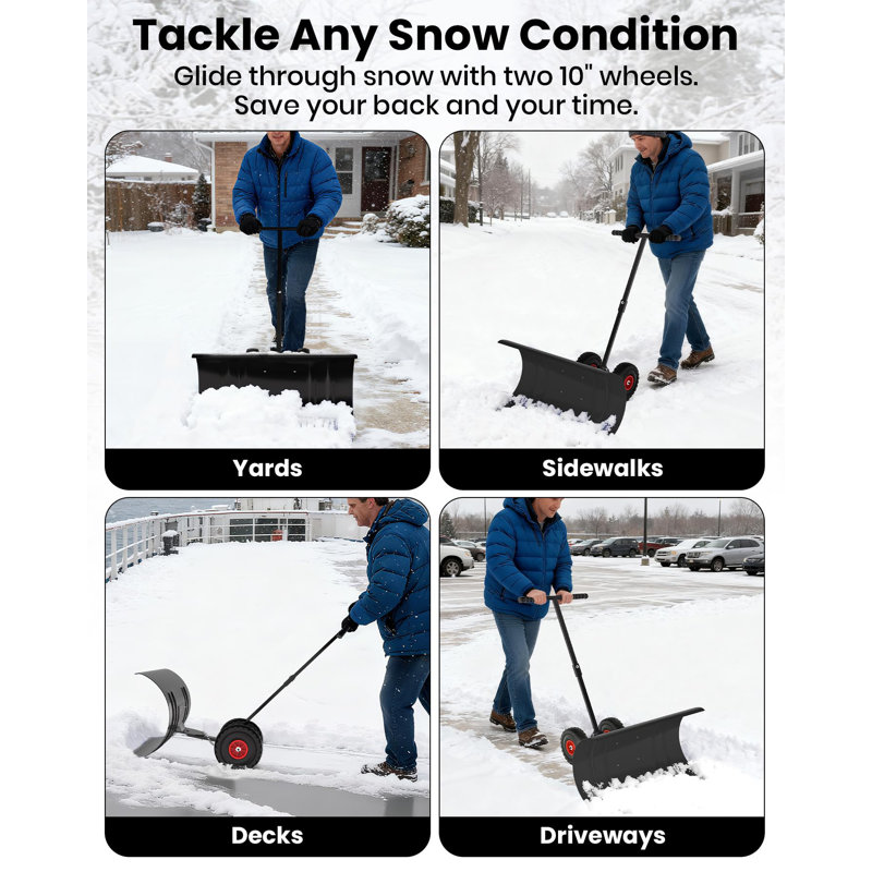 Pelle à neige pour allée, pelles sur roulettes robustes à 5 positions, poignée ergonomique réglable et roues en caoutchouc pour un déneigement efficace, chasse-neige pour porte, allée et trottoir
