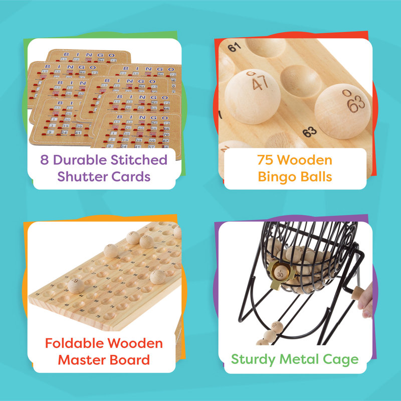 Deluxe Bingo Game with Accessories, Metal Ball Spinner, Wooden Bingo Balls & Board & Shutter Cards for Adults, Boys and Girls by Hey! Play!