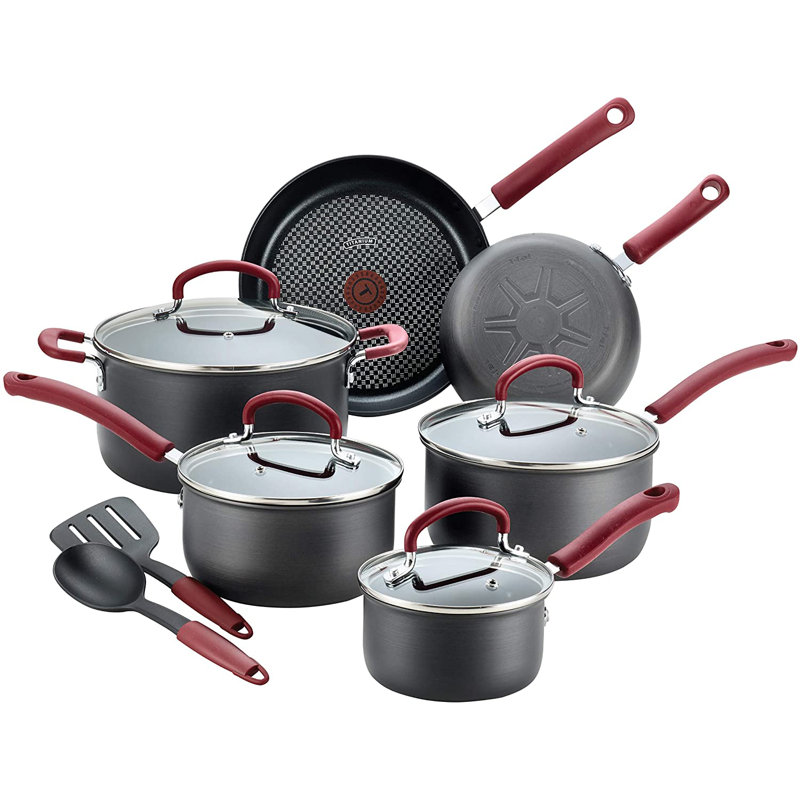 Batterie de cuisine antiadhésive en aluminium anodisé dur T-fal Ultimate, 12 pièces, gris avec poignées rouges