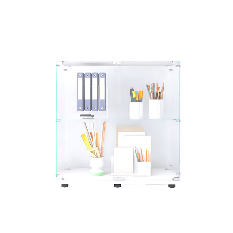 Vitrine en verre 2 couches avec 2 portes, vitrines, comptoir vitrine vitrée avec serrure, verre trempé avec base en panneau de fibres à densité moyenne