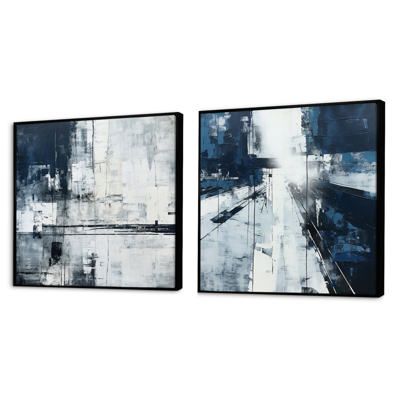 Ensemble de 2 collages carrés noirs en noir et blanc, Cadre flottant noir, H 16 po x l 33 po