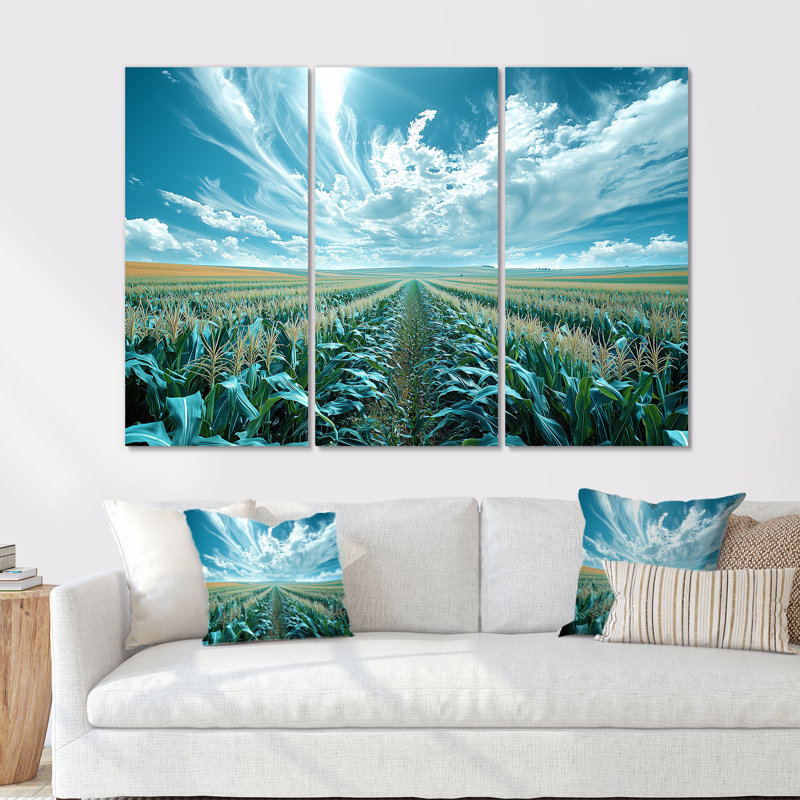 «Green Blue Sky Cornfield Rows I», ensemble d'art mural de ferme, Toile tendue, H 40 po x l 60 po x P 1 po