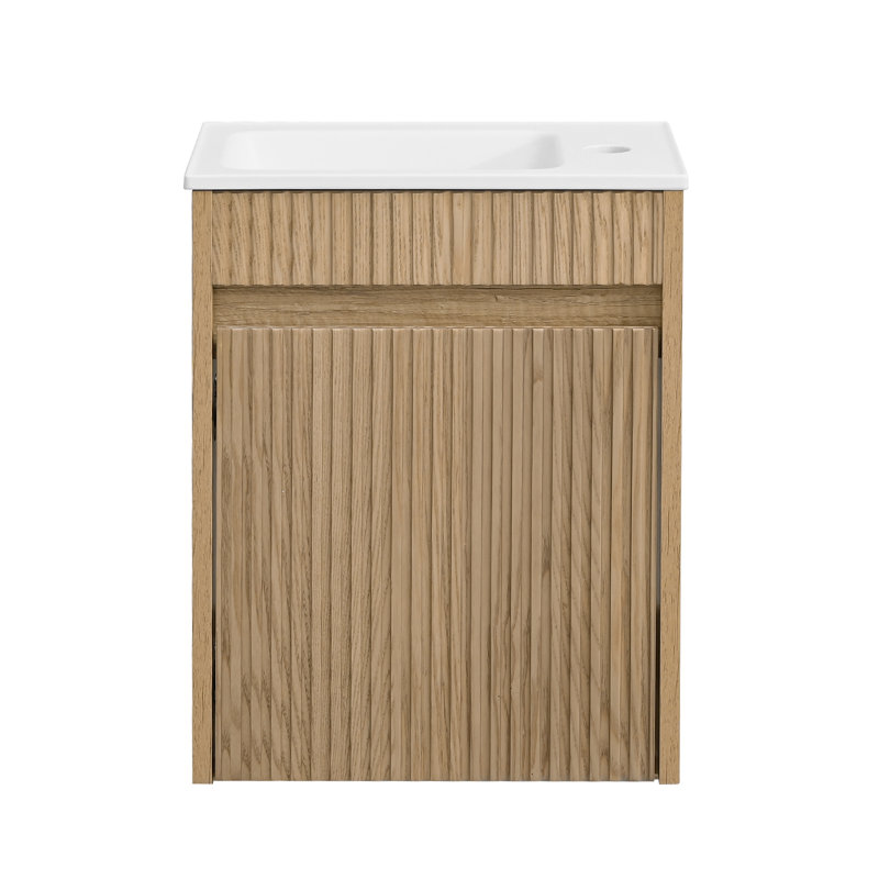 16Inch Wall-Mounted Single Bathroom Vanity With Integrated Resin Basin, Natural Oak