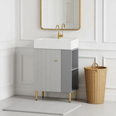21.6" Open-shelving Bathroom Vanity With Ceramic Sink And Soft-closing Door, Assembly Required