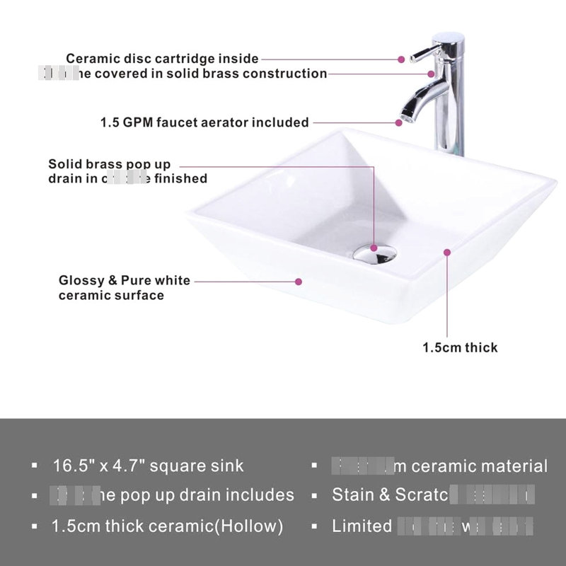 Lavabo de salle de bain carré en céramique 16,5 po, blanc, avec tous les patins de soutien et anti-bruit