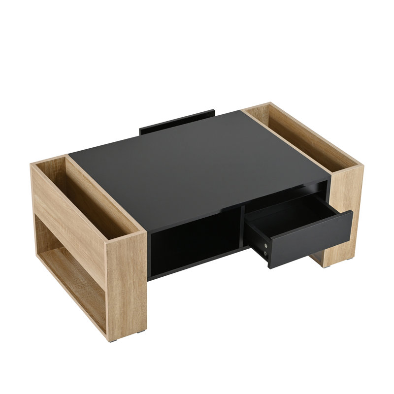 Table basse haute brillance avec 2 tiroirs, table centrale pratique à deux tons avec compartiments cachés, table basse rectangulaire avec tablette de rangement ouverte pour le salon, la chambre à coucher, noir, 41,3 x 23,6 po