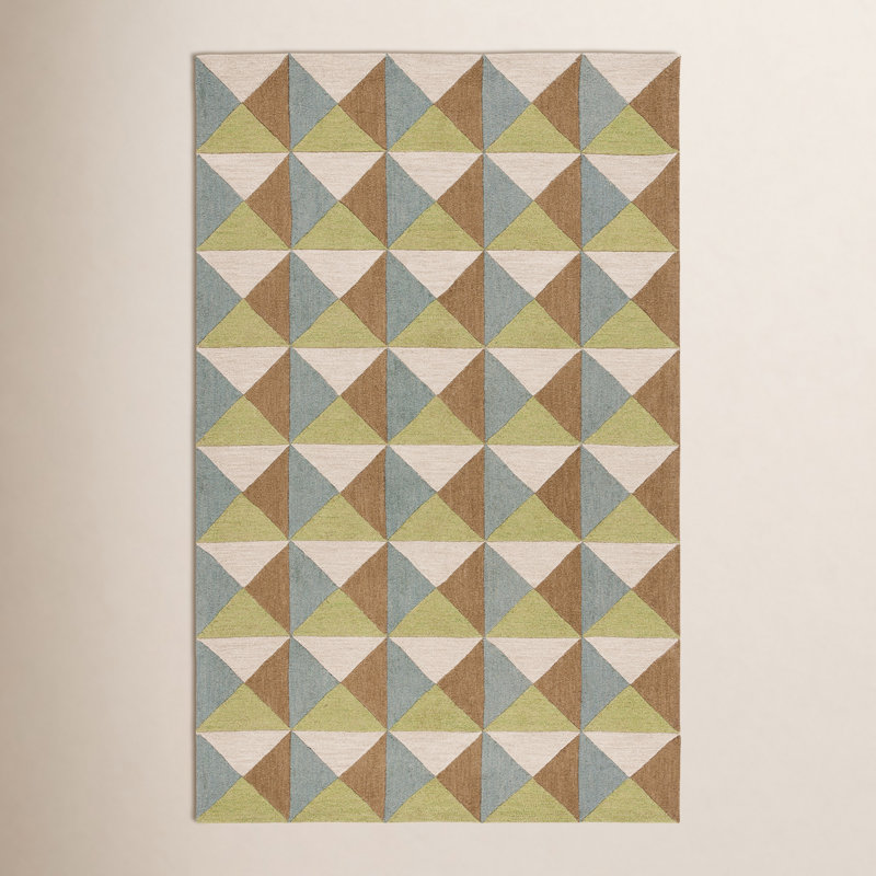 Tapis beige / vert en laine / coton touffeté à la main à motif géométrique Glenwood, Rectangle 6 pi x 9 pi