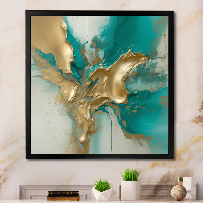 Marbre doré et turquoise Fuild Ink II - impression abstraite sur toile marbrée, H 24 po x l 24 po x P 1 po, Cadre photo noir