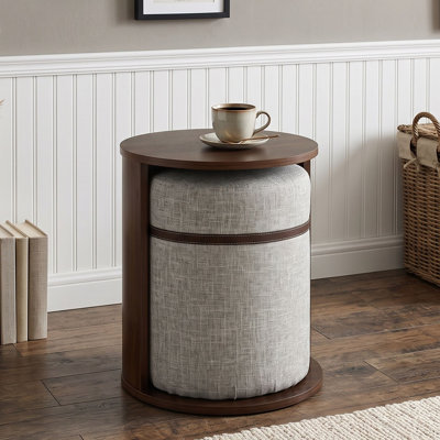 2-in-1 Round End Table with Pull-Out Upholstered Stool or Open Magazine Storage Slot for Space-Saving