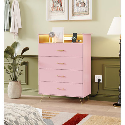 4-Drawer Dresser for Bedroom with Charging Station & RGB Lights, Tall Modern Wooden Chest of Drawers with App Control, Large Storage Cabinet for Bedroom, Living Room, Closet