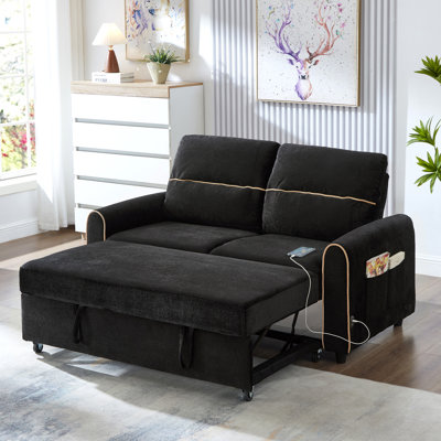 Canapé-lit coulissant en chenille avec dossier réglable à 3 positions, ports de chargement USB et poches de rangement latérales pour les espaces de vie modernes.