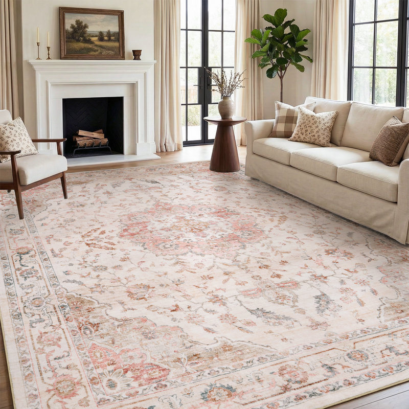 Soft Vintage Floral Washable Area Rug With Non-Slip Backing For Living Rooms And Bedrooms, Pink, Rectangle 6' x 9'
