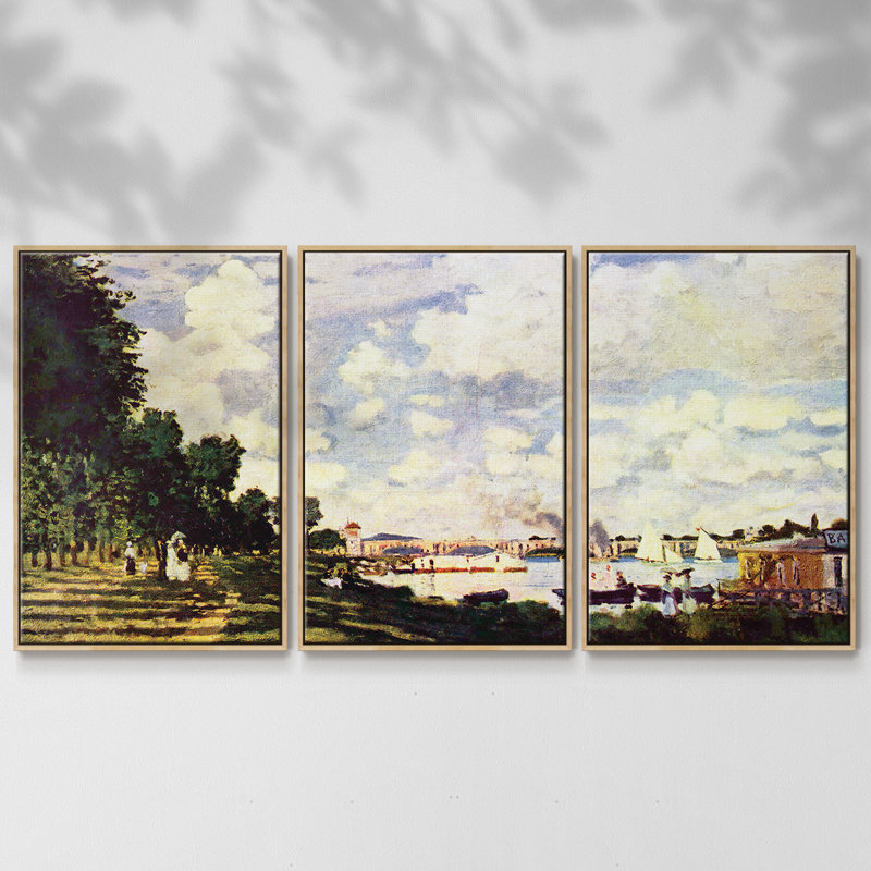 «Sailing at Argenteuil» par Monet, reproduction sur toile flottante 3 pièces, H 36 po x l 75 po x P 2 po, Naturel