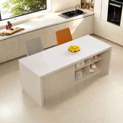 78.74" White Kitchen Island with Marble Top and Solid Wood Base
