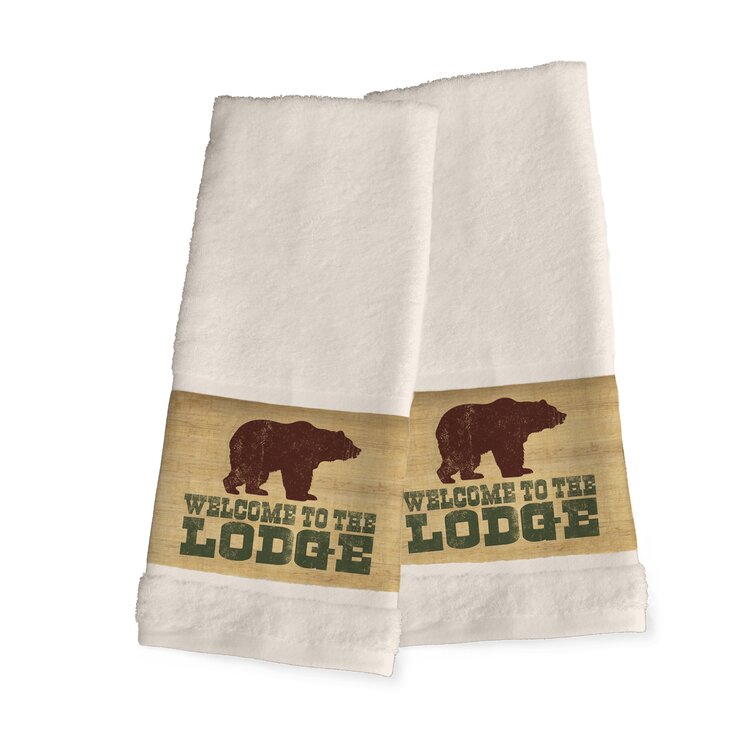 2 Bear Hand Towel Cabin Themed Kitchen Towels with Animals Lodge White  Dishcloth