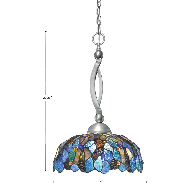 Bow Chain Hung Pendant Glass, Brushed Nickel, 22.75", Blue Mosaic Tiffany