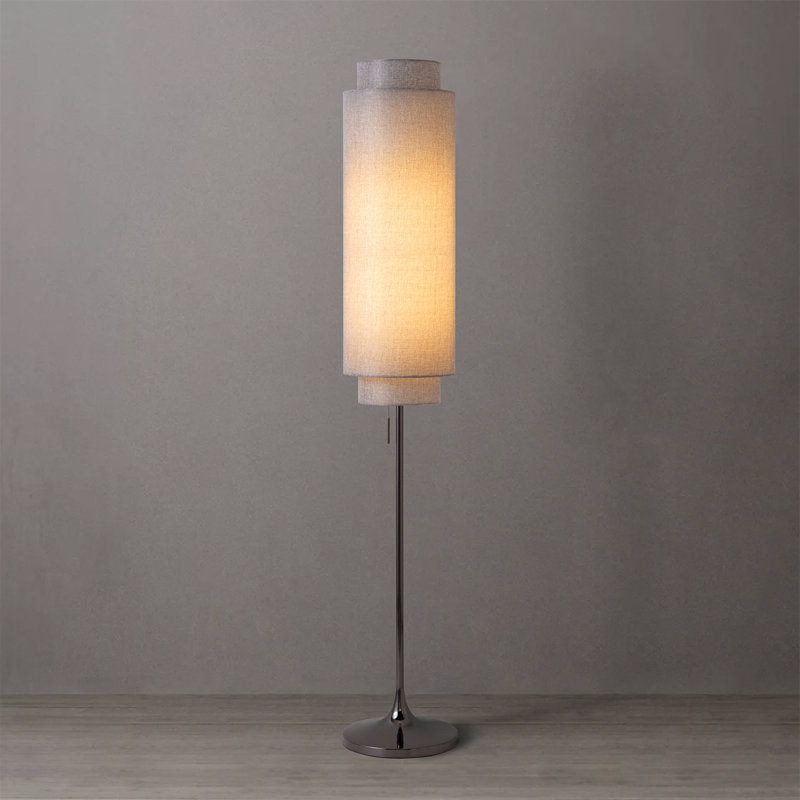 Lollipop Floor Lamp - Black Nickel,  Linen Double Shade, On/Off Pull Chain, Cashmere Gray