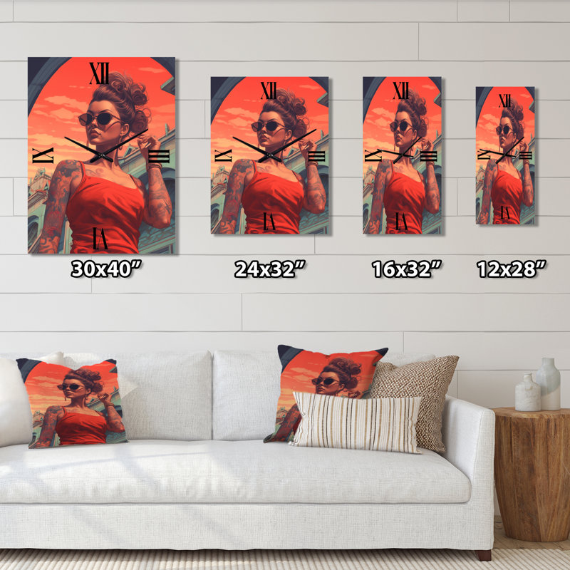 Summer Babe en rouge avec lunettes de soleil - horloge murale, H 32 po x l 16 po x P 1 po