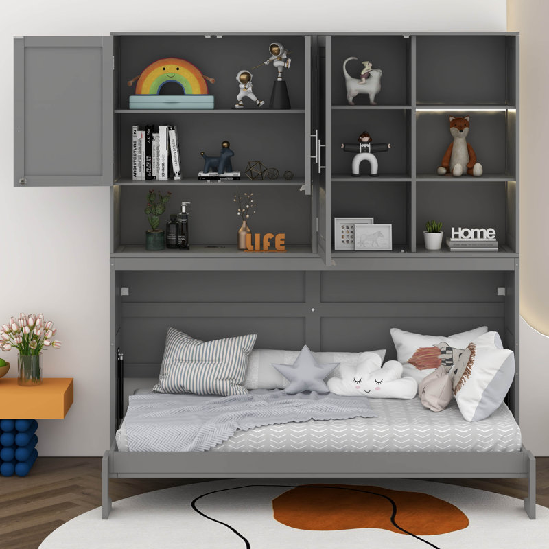 Lit escamotable mural simple avec armoire supérieure et tablettes, cadre de lit plateforme pliable multifonctionnel avec lumière et USB