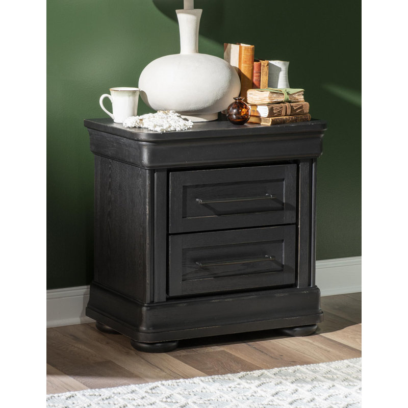 Country Living Vintage Market Nightstand with 2 Drawers, Power Outlets, and USB Ports, Black