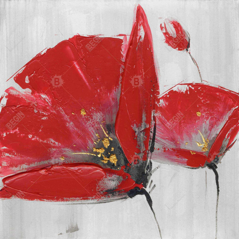 "Trois fleurs rouges sur fond gris"