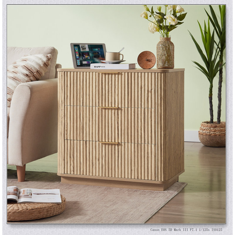 Commode à 3 tiroirs au design ondulé, commode moderne pour la chambre à coucher et le salon, finition chêne, solution de rangement peu encombrante