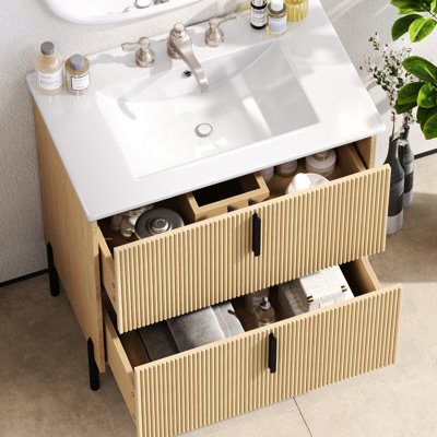 Meuble-lavabo de 30 po avec lavabo en céramique, tiroirs d'extension, glissières de tiroir à fermeture en douceur, conception cannelée, esthétique naturelle - option d'espace pour un meuble-lavabo avec capacité de rangement optimale, intégré