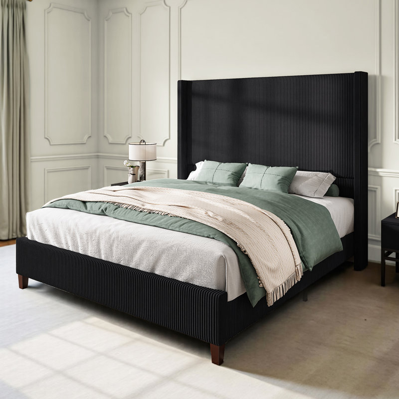 Crofford Upholstered Wingback Queen Size Platform Bed,Black, Queen, Black