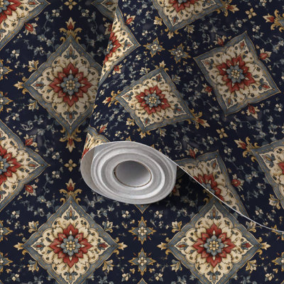 Papier peint auto-adhésif à motif de losanges à motif floral rouge et bleu foncé foncé auto-adhésif et amovible 17,7 po x 118 po (45 x 300 cm)