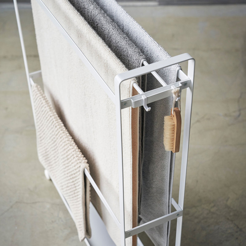 White Rolling Towel Rack with Hooks and Casters