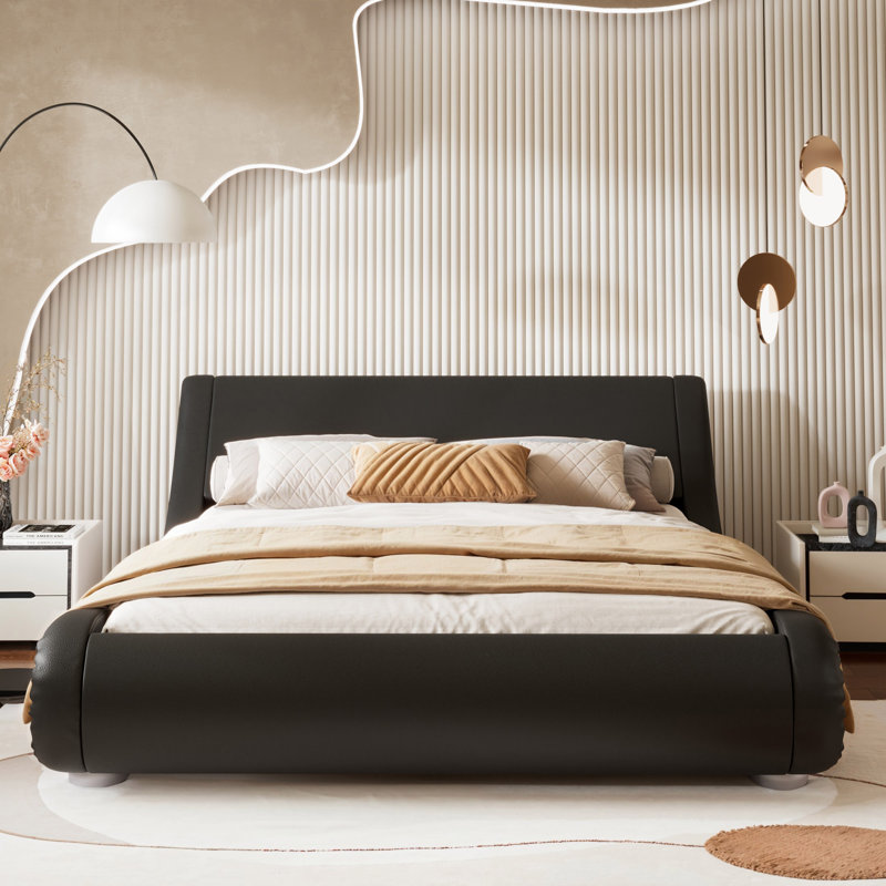 Bettejean Upholstered Profile Sleigh Bed with Luxury Ergonomic Faux Leather Headboard, Black, Full / Double