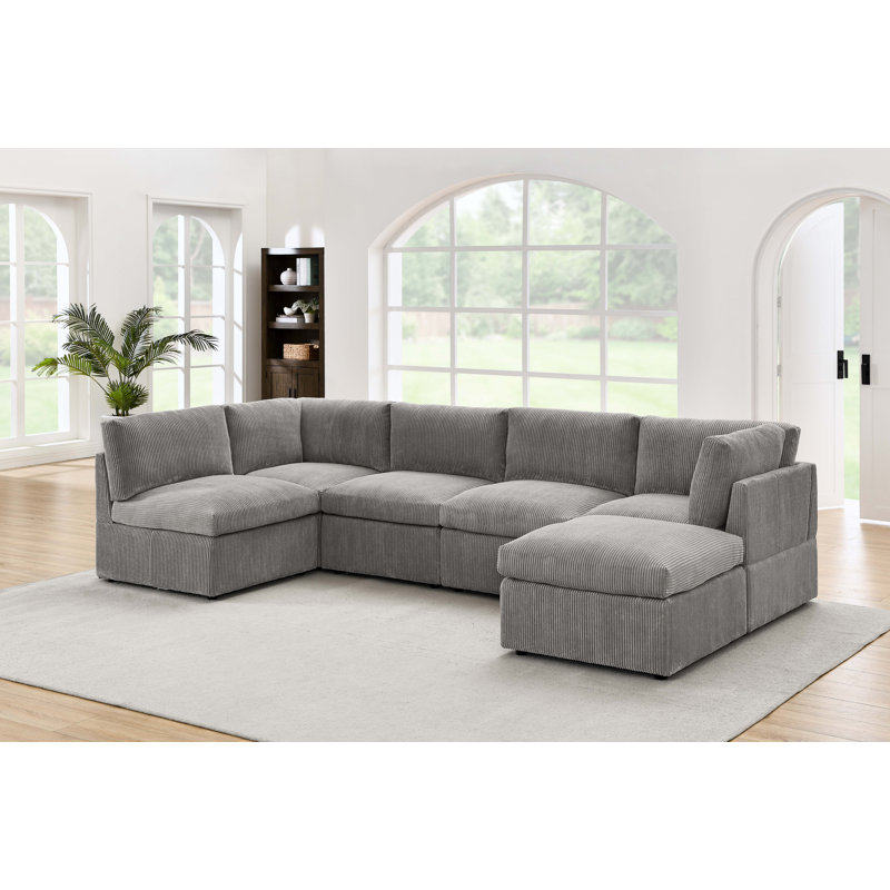 Kyanne Priyen 98" Wide Symmetrical Modular Corner Sectional, Light Gray Corduroy