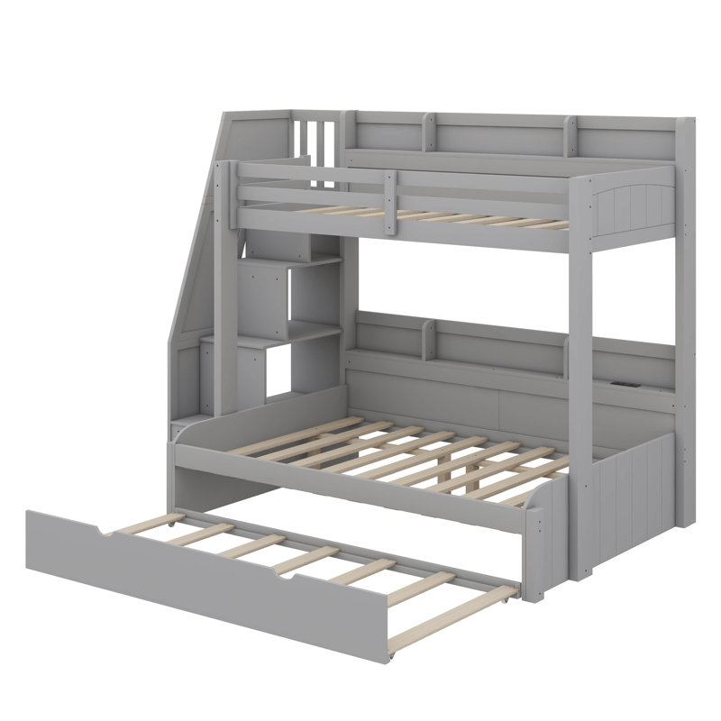 Twin Over Full Bunk Bed Featuring Storage Staircase, Pull-Out Bed, Storage Units, LED & USB Ports, Gray