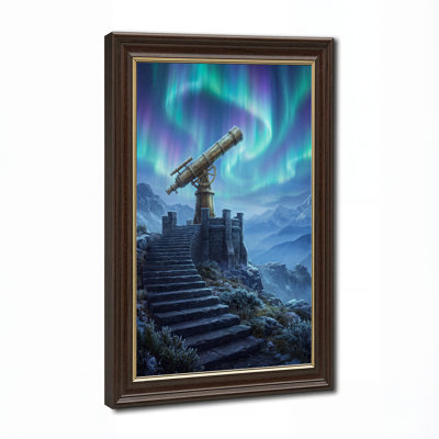Brass Telescope on Stone Stairs under Aurora Borealis Canvas Wall Art