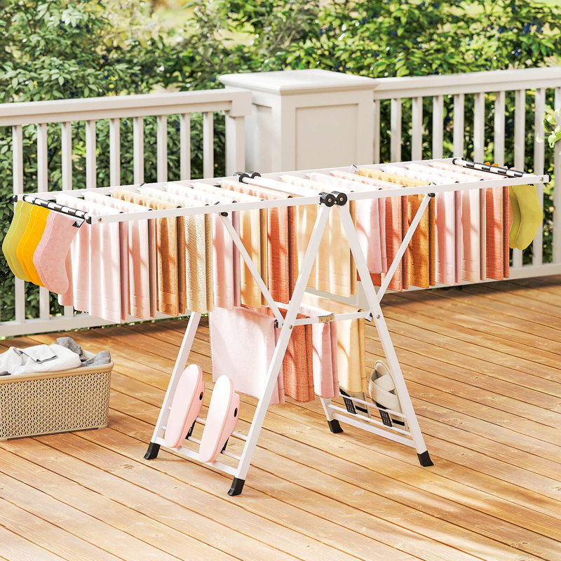 Séchoir à linge pliable en métal avec ailes réglables en hauteur, 20 rails de séchage blancs, Blanc/Noir